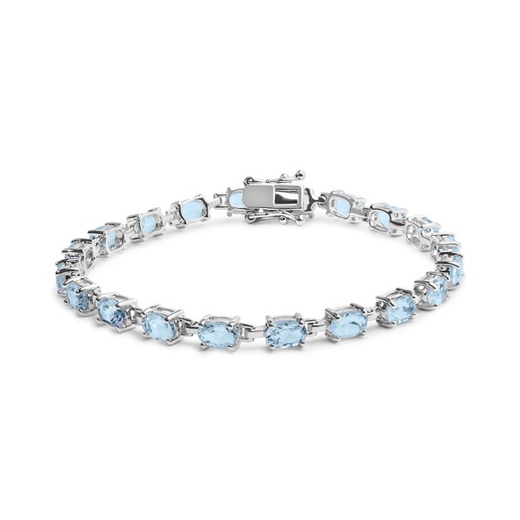 .925 Sterling Silver Oval Shaped Created Light Blue Topaz Link Bracelet - Picture 1 of 5